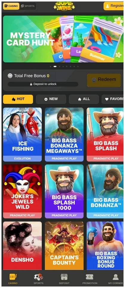 Dope Wins mobile home page, game grid with "Ice Fishing", "Big Bass" and slot titles, 28.10.2026