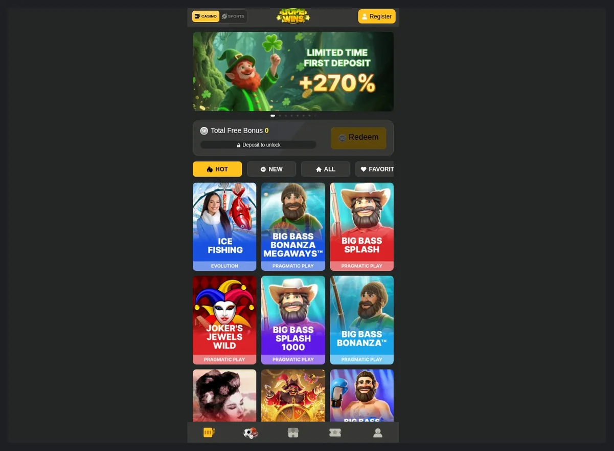 Dope Wins Casino home page, "LIMITED TIME FIRST DEPOSIT +270%" banner and game lobby grid, 28.10.2026